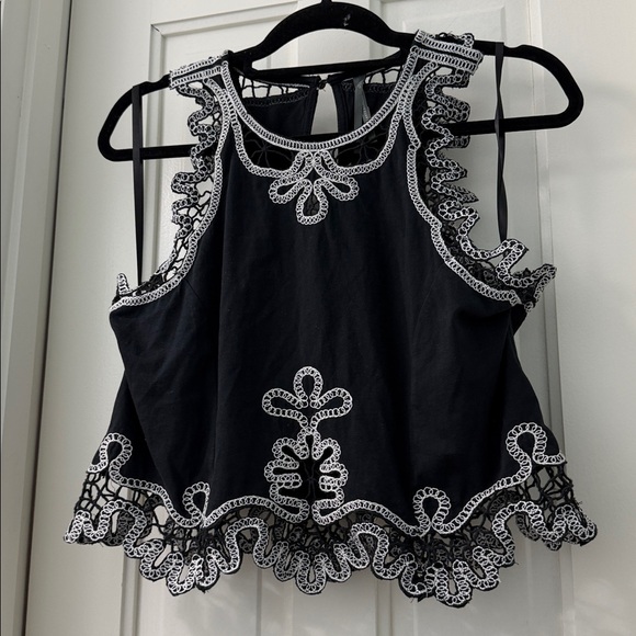 Anthropologie Tops - EUC BY ANTHROPOLOGIE Black Tank with Open Lace White Crochet Trim Embroidered